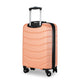Pink suitcase with a brand logo on a white background