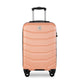 Pink suitcase with a brand logo on a white background