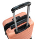 Pink suitcase with a brand logo on a white background